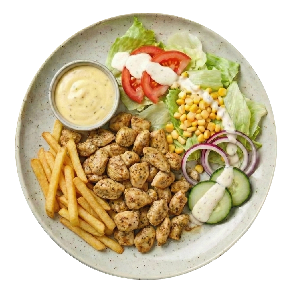 Chicken kebab platter of pita bread